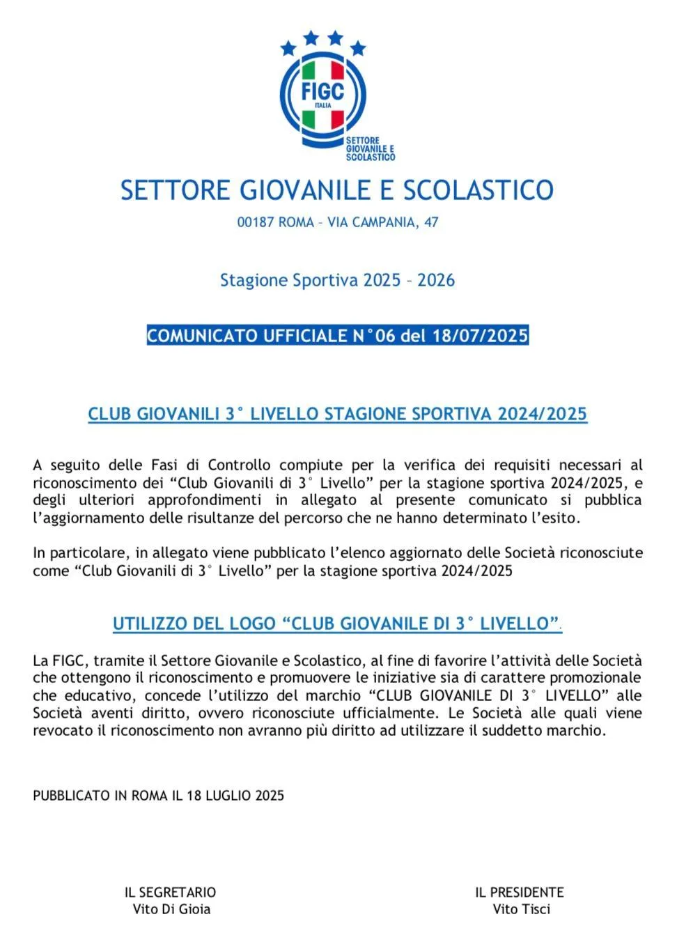 Prima pagina sull'articolo che riguarda il riconoscimento dei “Club Giovanili di 3° Livello” per la stagione sportiva 2024/2025.